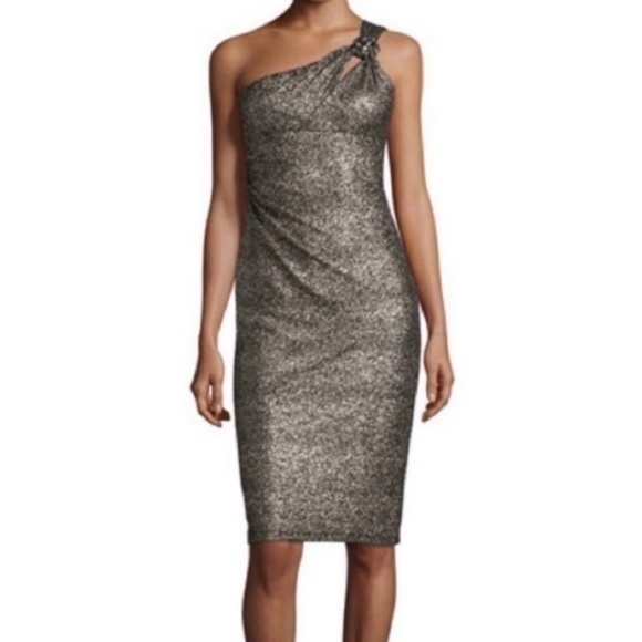 NWT David Meister One Shoulder Black Gold Metallic Glitter Cocktail Sexy Dress‎ - Picture 1 of 7